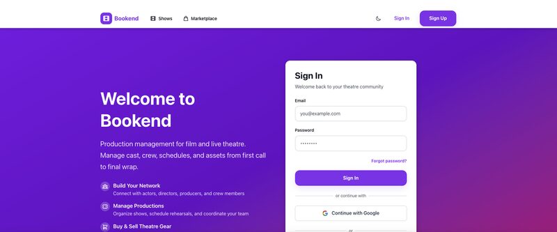 Bookend's sign-in page: a purple hero reading "Welcome to Bookend, production management for film and live theatre", beside an email and password sign-in form.