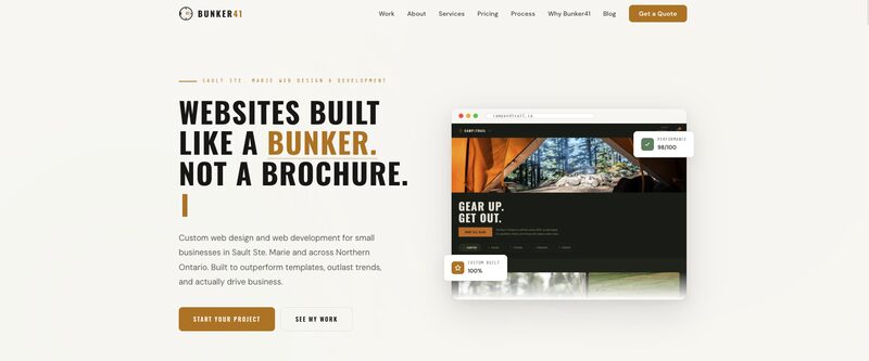Bunker41's home page: the headline "Websites built like a bunker. Not a brochure." beside a browser mock-up of a client outfitter site, tagged with a 98/100 performance score.