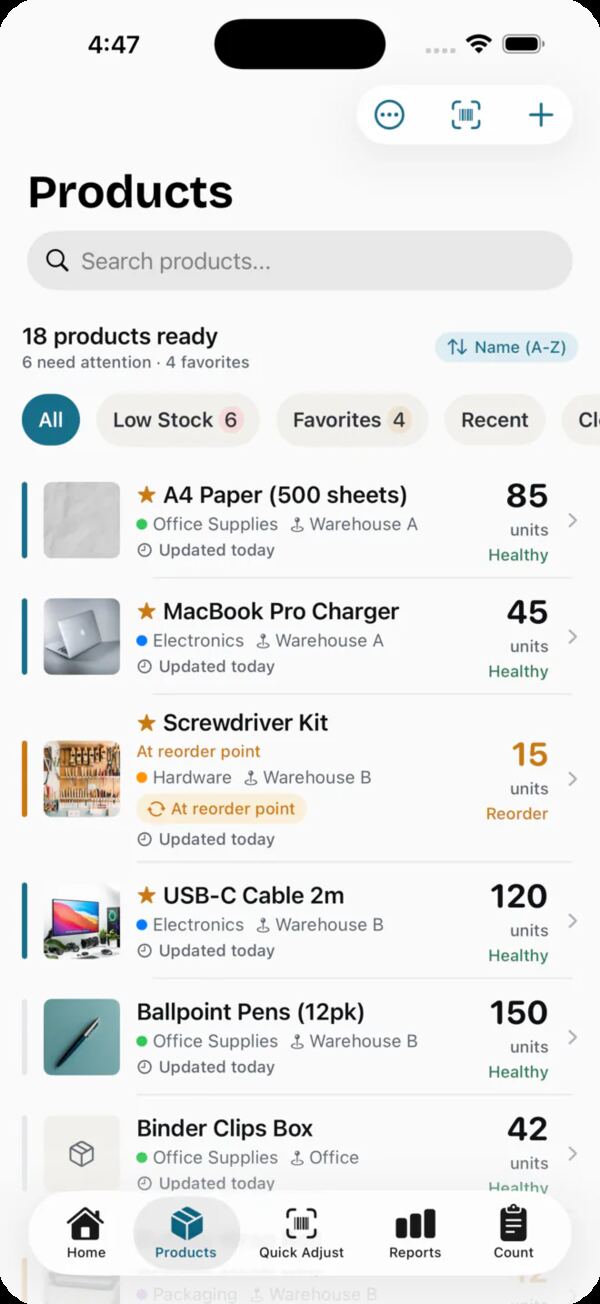 Magpie running on iPhone: a Products list showing 18 items with stock counts, category and warehouse labels, and low-stock items flagged at their reorder point.