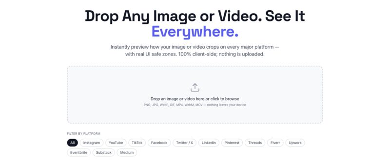 spec.social's home page: the headline "Drop Any Image or Video. See It Everywhere." above a drag-and-drop upload area and a row of platform filter chips.