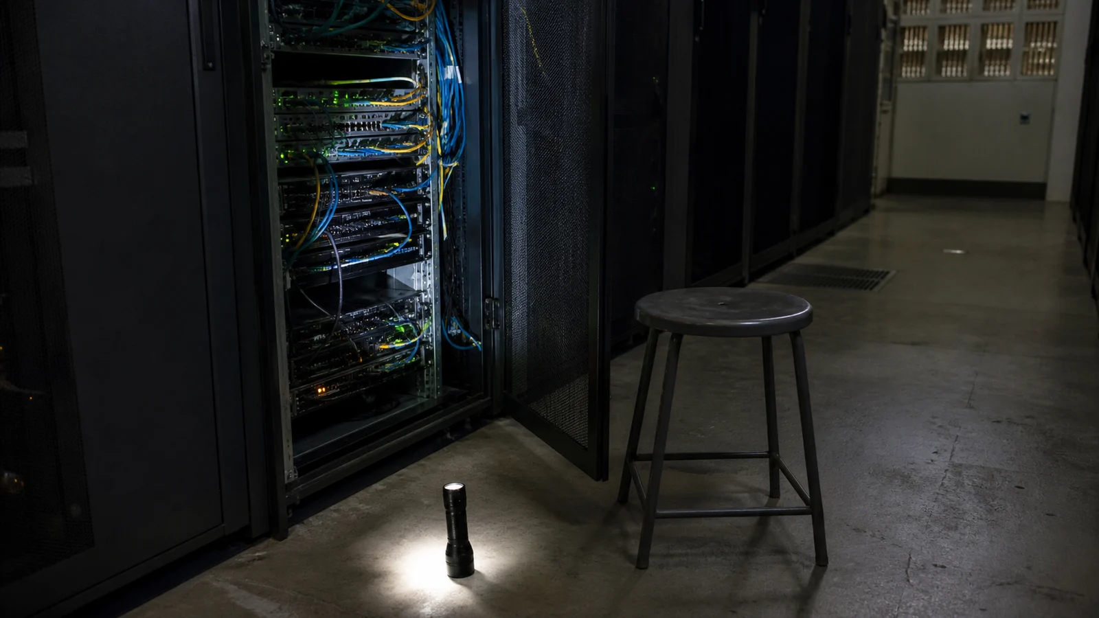 An open server rack, flashlight, and metal stool in a dim equipment room