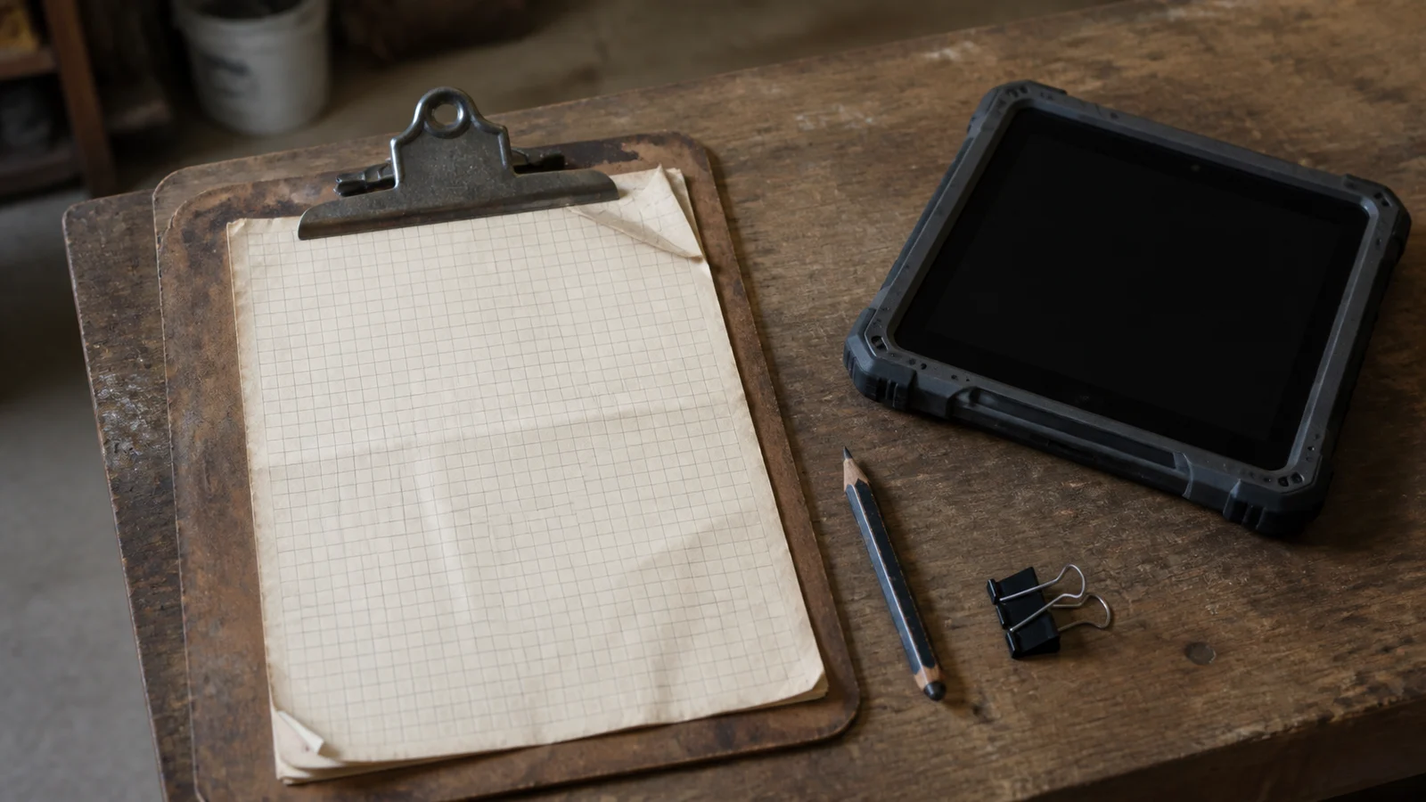 A worn clipboard with blank graph paper beside a rugged dark-screen tablet, pencil, and binder clips
