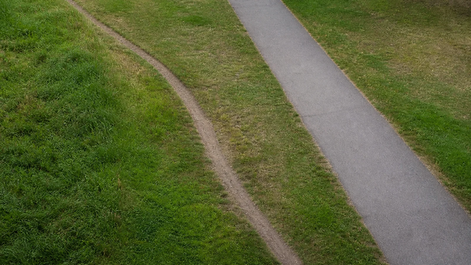 A narrow dirt footpath worn through grass beside a paved walkway
