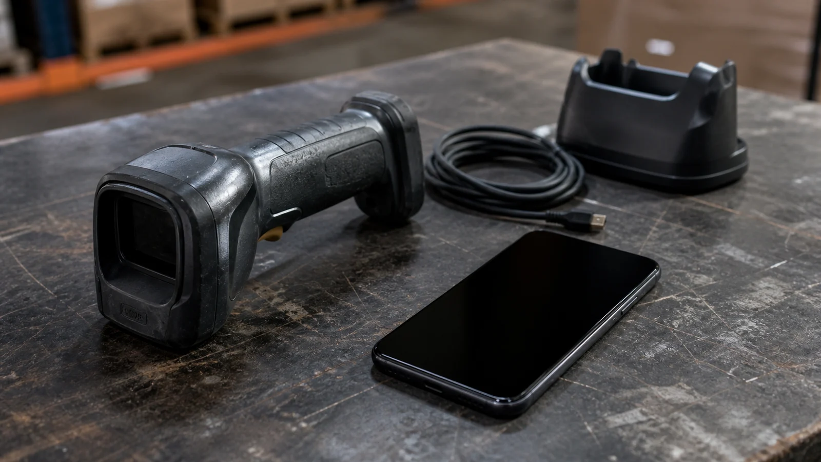 A rugged handheld barcode scanner, charging cradle, cable, and dark-screen smartphone on a scratched workbench