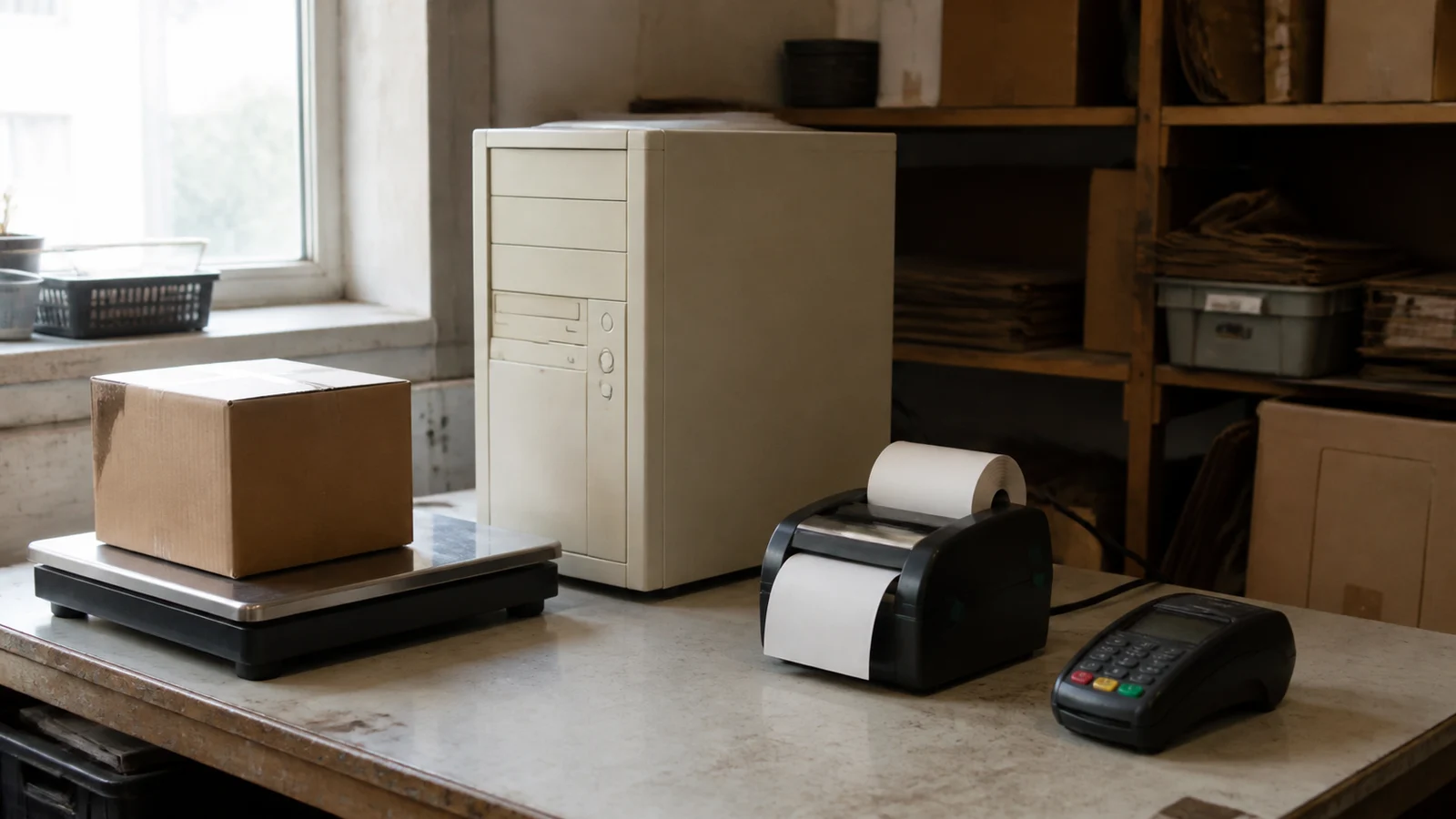 A plain cardboard parcel on a shipping scale beside an older desktop tower, label printer, and card terminal