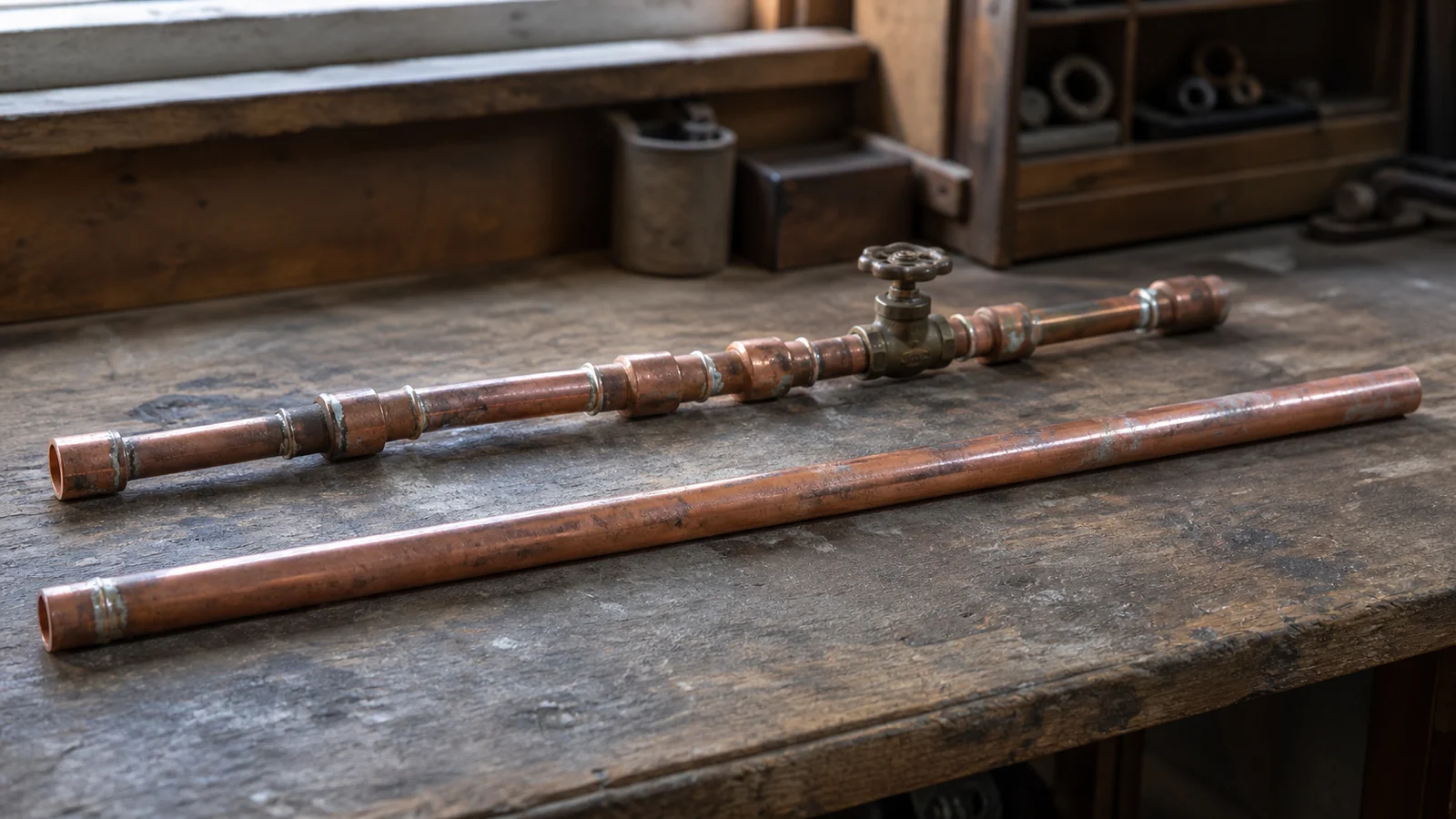 One continuous copper pipe beside a second pipe assembled from many couplers and a valve on a workbench
