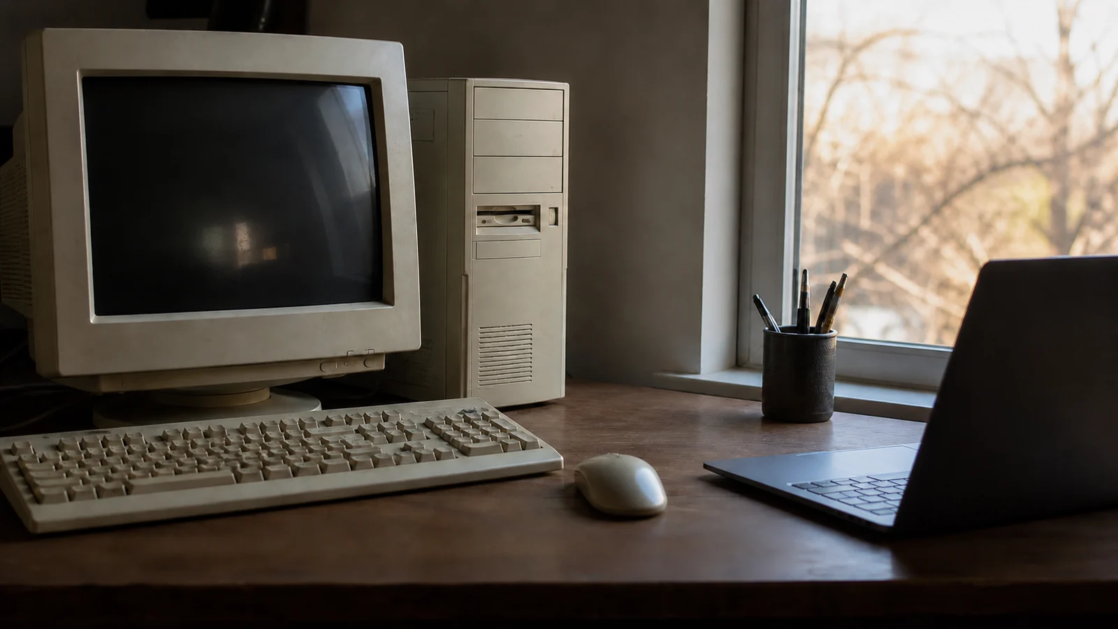 A worn beige CRT computer, desktop tower, keyboard, and mouse beside a modern dark laptop on a wooden desk