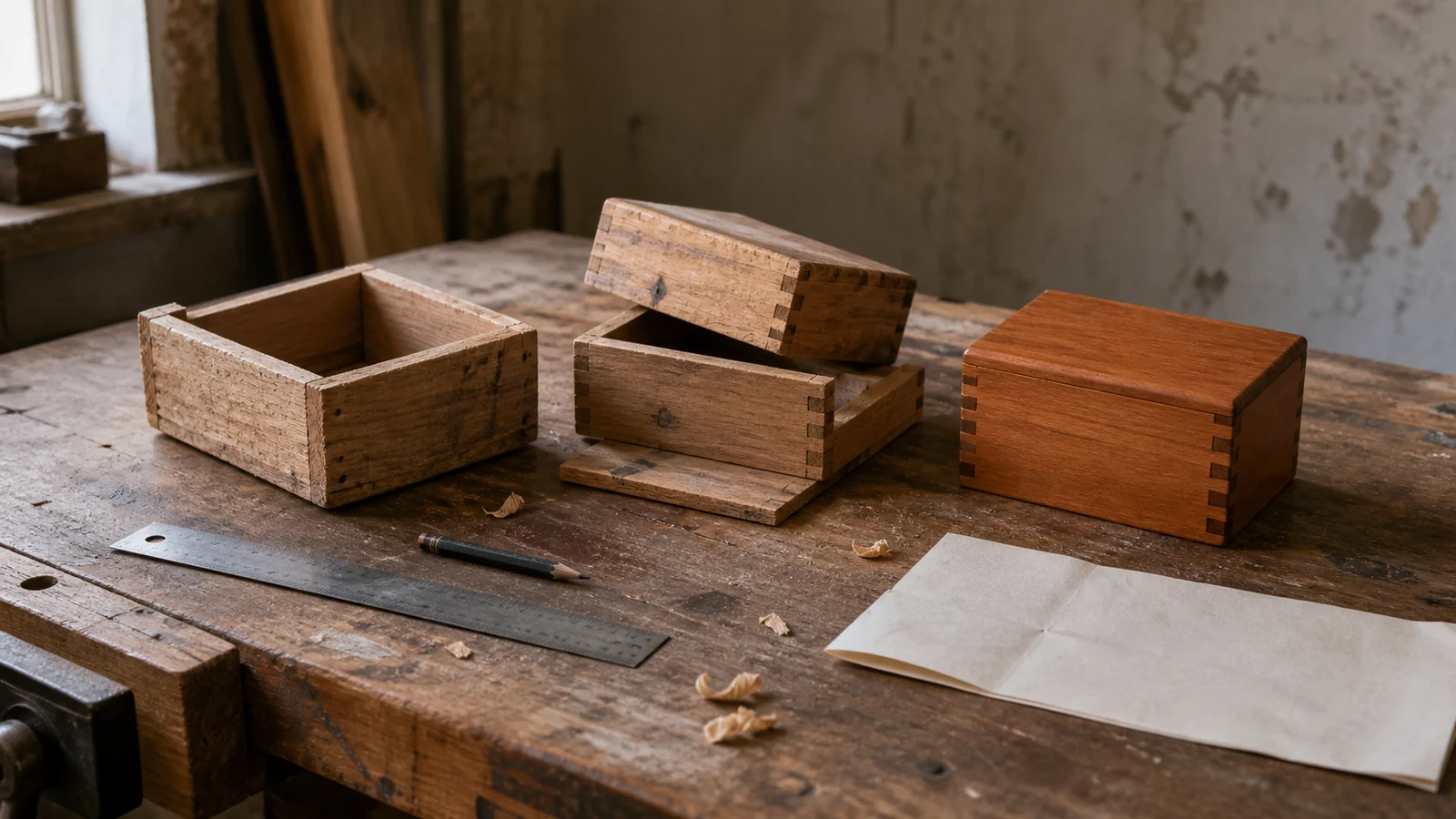 A finished wooden box beside two rough prototypes, a steel ruler, pencil, and wood shavings on a worn workbench